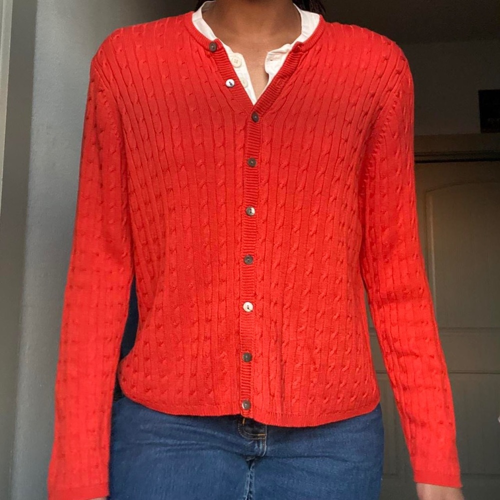 orange knit cardigan